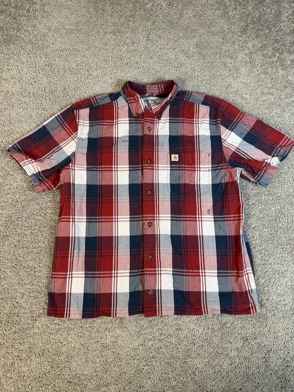 Carhartt Shirt Mens L Red Short Sleeve Button Up Plaid Cotton Pocket Relaxed